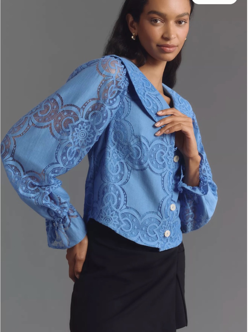 Maeve Long-Sleeve Collared Flower Button Lace Blouse